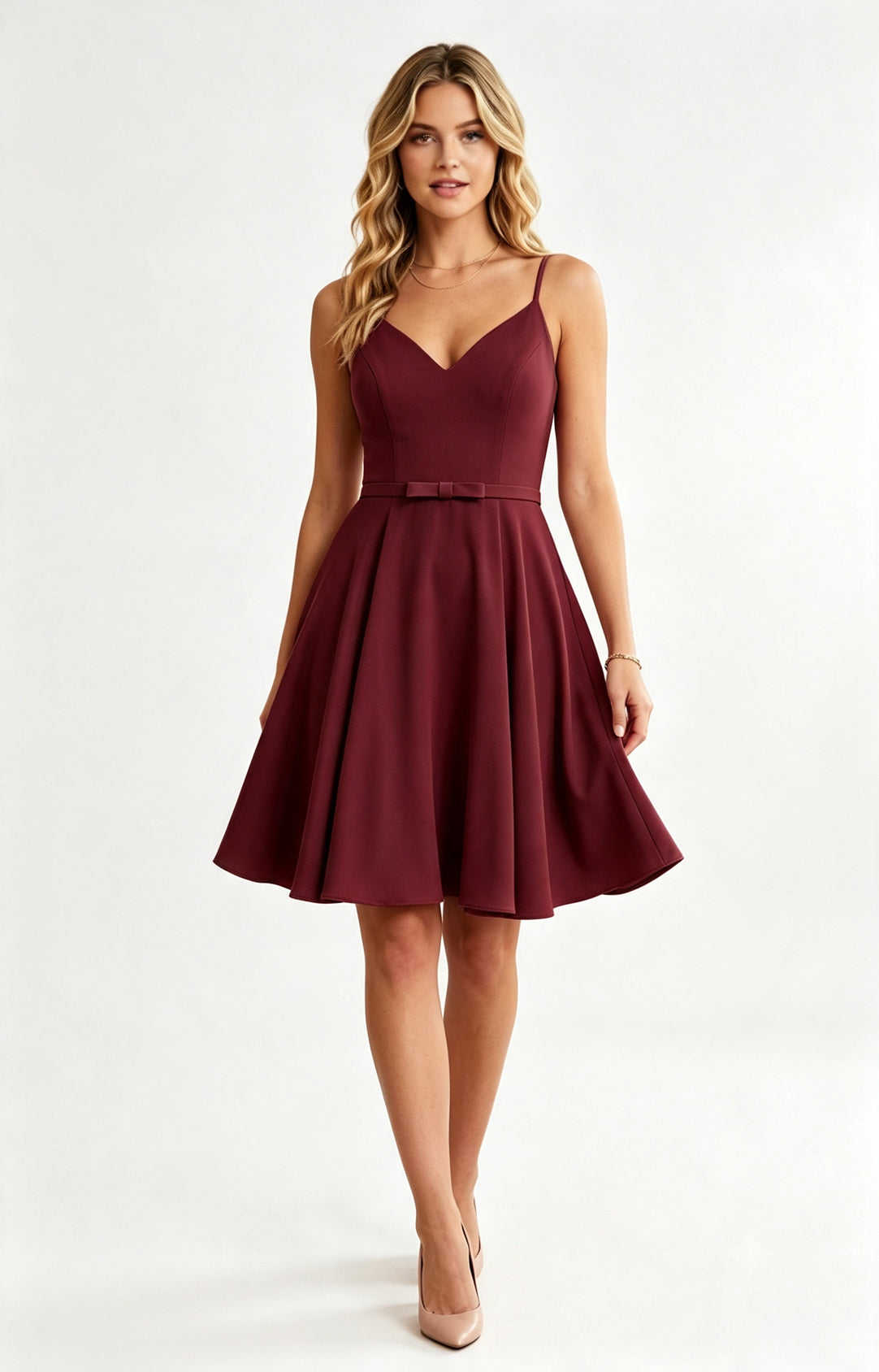 XALPHEOR Burgundy Spaghetti Strap V Neck Knee Length A‑Line Bridesmaid Dress with Bow Sash, Formal Short Cocktail Party Dress for Women Front View