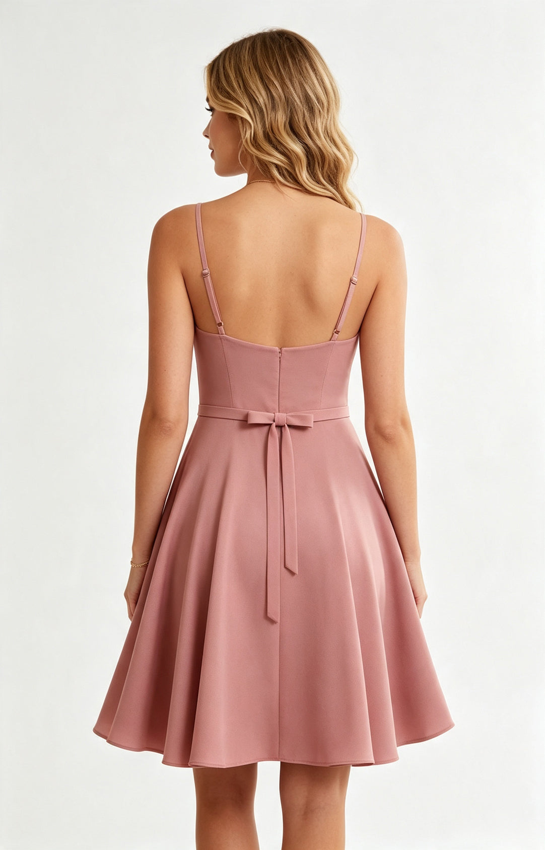 XALPHEOR Dusty Rosea Spaghetti Strap V Neck Knee Length A‑Line Bridesmaid Dress with Bow Sash, Formal Short Cocktail Party Dress for Women BackView