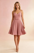 XALPHEOR Dusty Rosea Spaghetti Strap V Neck Knee Length A‑Line Bridesmaid Dress with Bow Sash, Formal Short Cocktail Party Dress for Women Front View