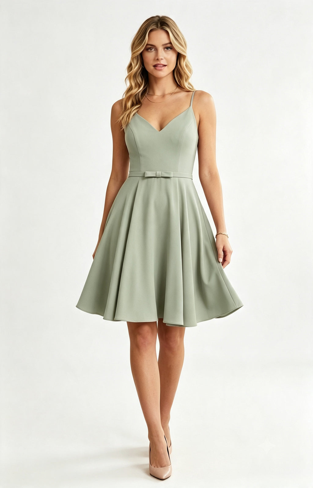 XALPHEOR Dusty Sage Spaghetti Strap V Neck Knee Length A‑Line Bridesmaid Dress with Bow Sash, Formal Short Cocktail Party Dress for Women Front View