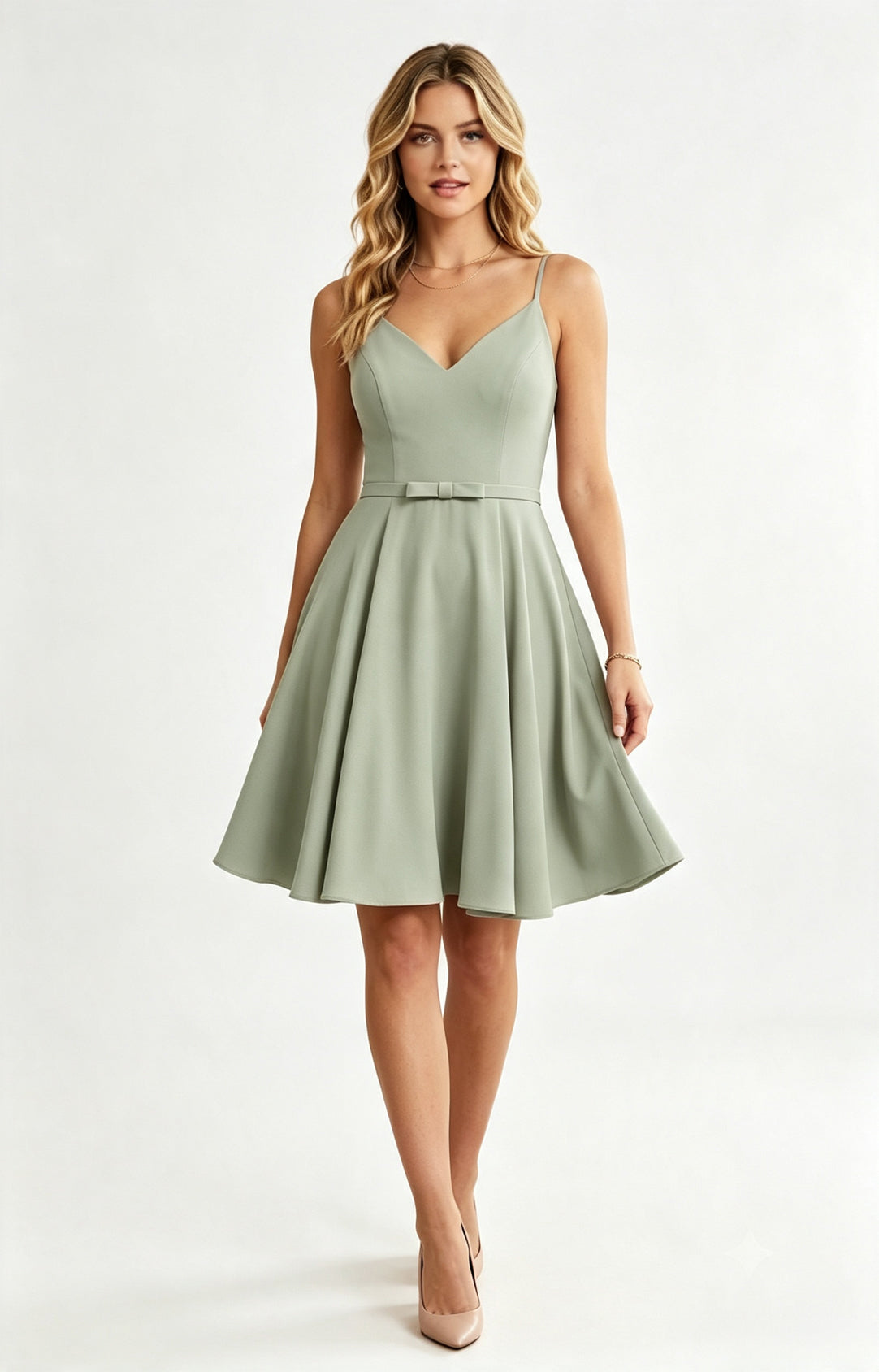 XALPHEOR Dusty Sage Spaghetti Strap V Neck Knee Length A‑Line Bridesmaid Dress with Bow Sash, Formal Short Cocktail Party Dress for Women Front View