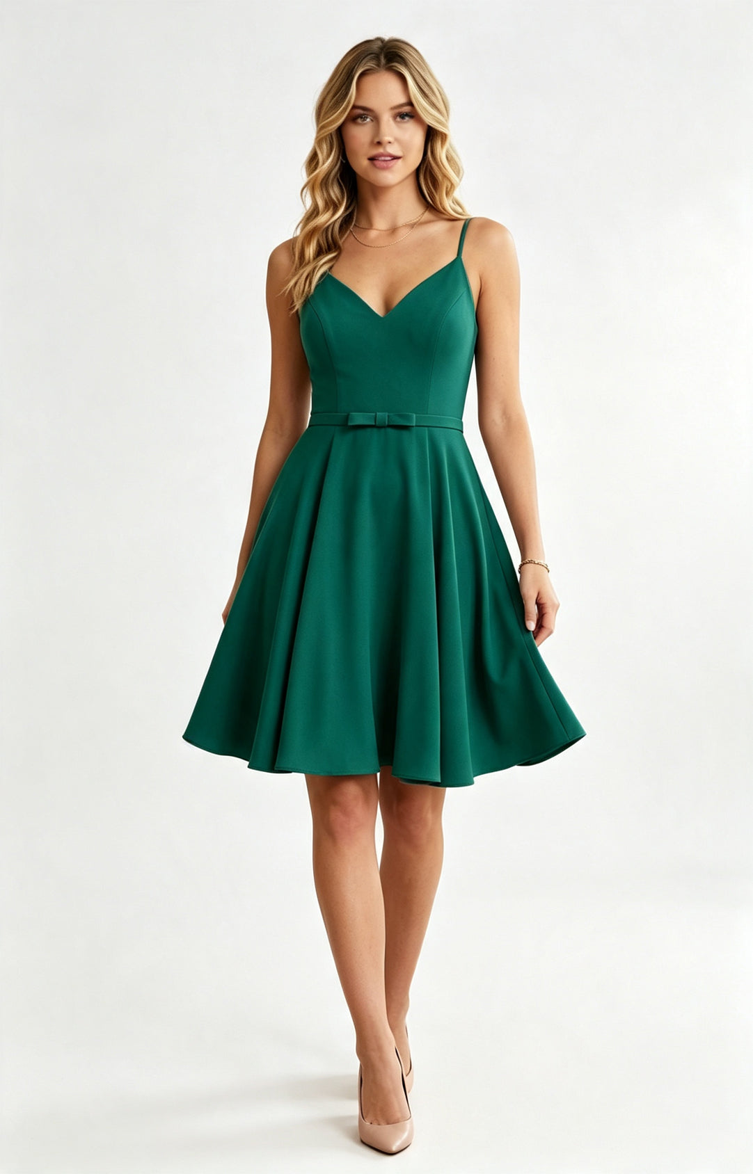 XALPHEOR Emerald Spaghetti Strap V Neck Knee Length A‑Line Bridesmaid Dress with Bow Sash, Formal Short Cocktail Party Dress for Women Front View