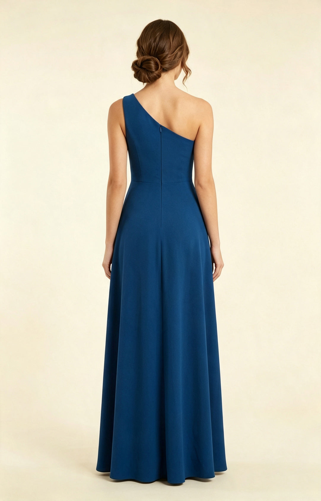 XALPHEOR Navy Blue One‑Shoulder A‑Line Matte Crepe Floor‑Length Bridesmaid Evening Gown Back Detail View
