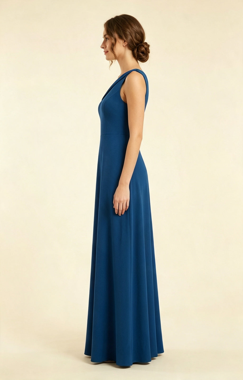 XALPHEOR Navy Blue One‑Shoulder A‑Line Matte Crepe Floor‑Length Bridesmaid Evening Gown Side View