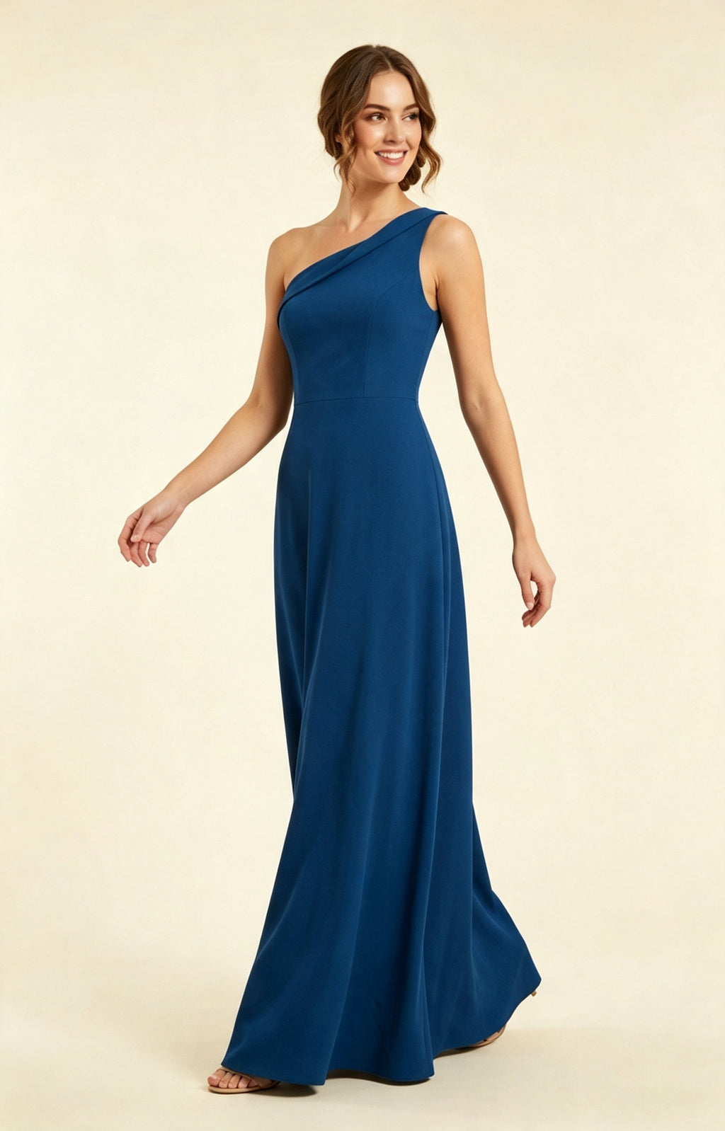 XALPHEOR Navy Blue One‑Shoulder A‑Line Matte Crepe Floor‑Length Bridesmaid Evening Gown Walk View