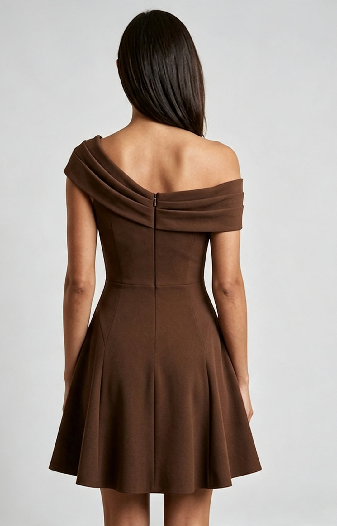 XALPHEOR One-Shoulder 3D Rosette Crepe Cocktail Dress Dark Cocoa Brown Back View