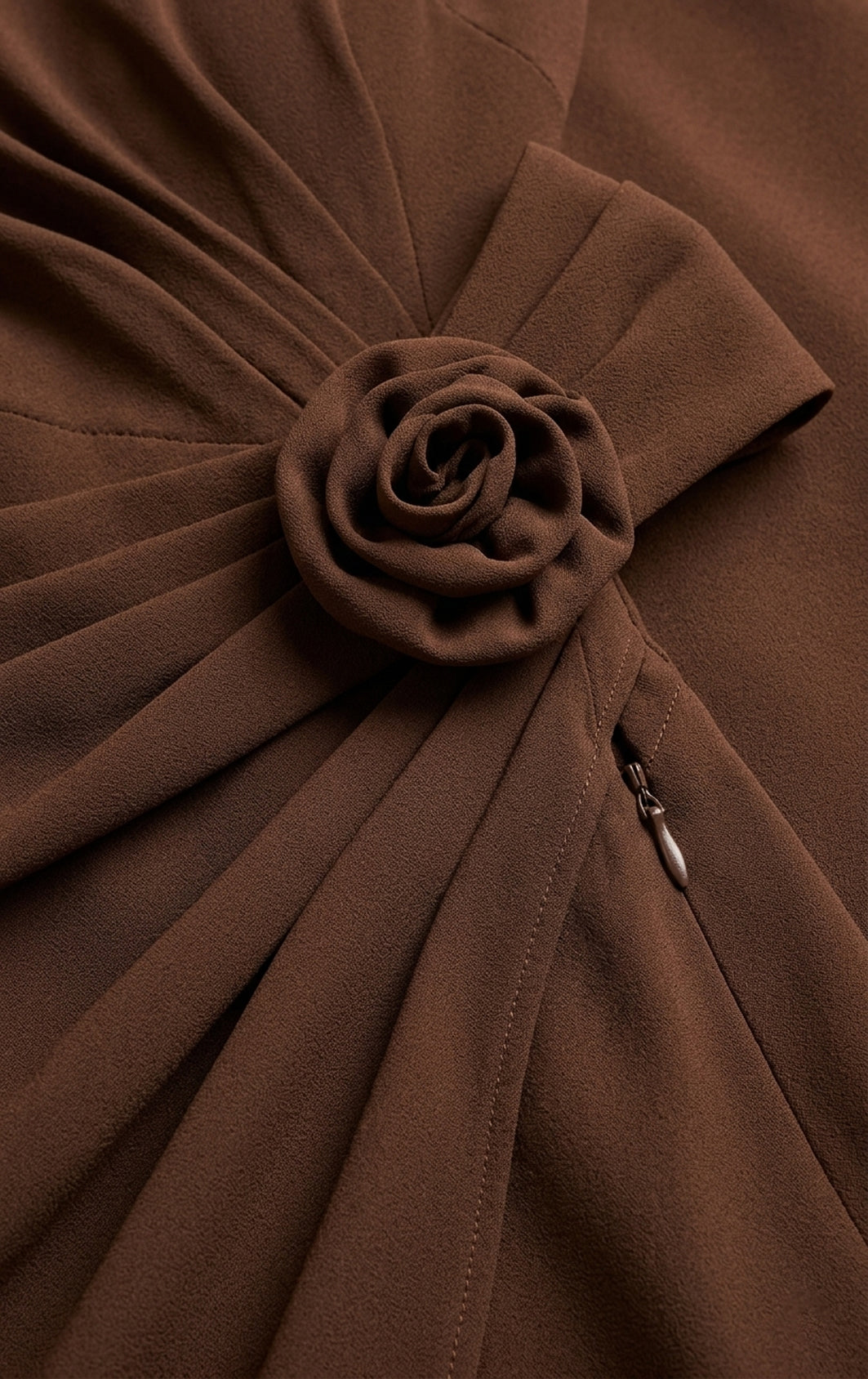 XALPHEOR One-Shoulder 3D Rosette Crepe Cocktail Dress Dark Cocoa Brown Fabric View