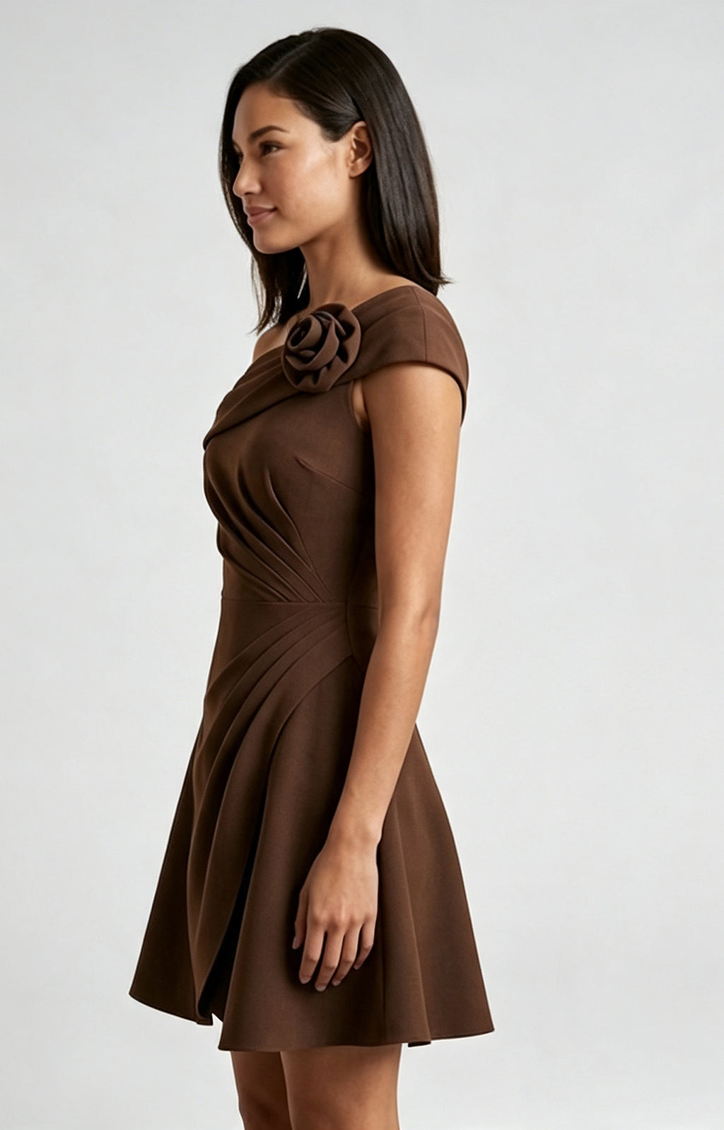 XALPHEOR One-Shoulder 3D Rosette Crepe Cocktail Dress Dark Cocoa Brown Side View