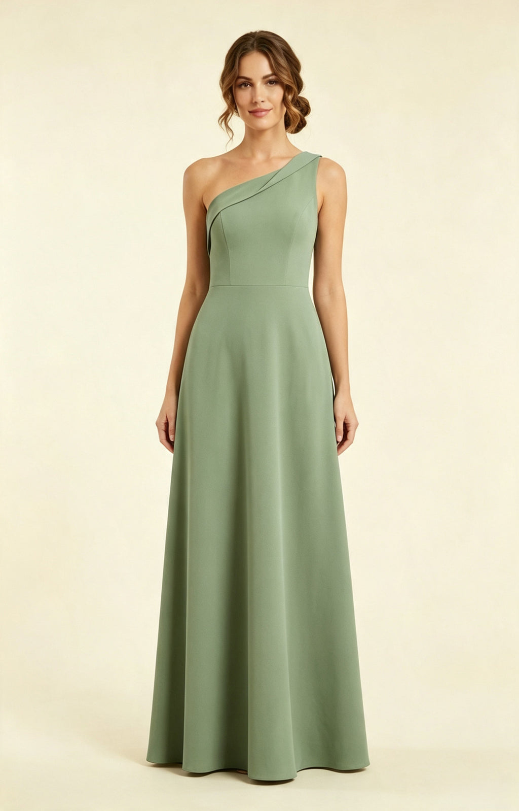 XALPHEOR Sage One‑Shoulder A‑Line Matte Crepe Floor‑Length Bridesmaid Evening Gown Front View