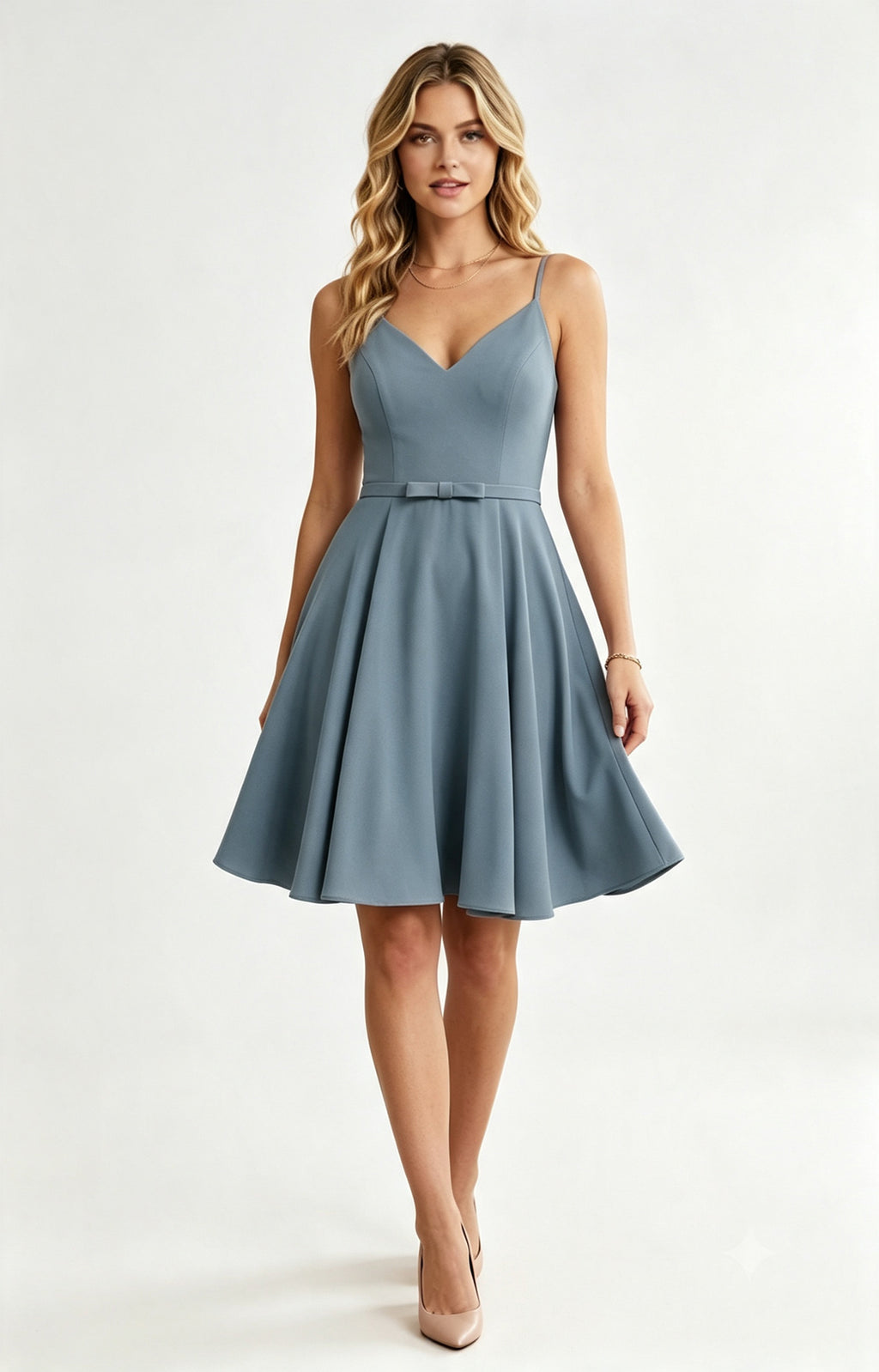 XALPHEOR Slate Blue Spaghetti Strap V Neck Knee Length A‑Line Bridesmaid Dress with Bow Sash, Formal Short Cocktail Party Dress for Women Front View