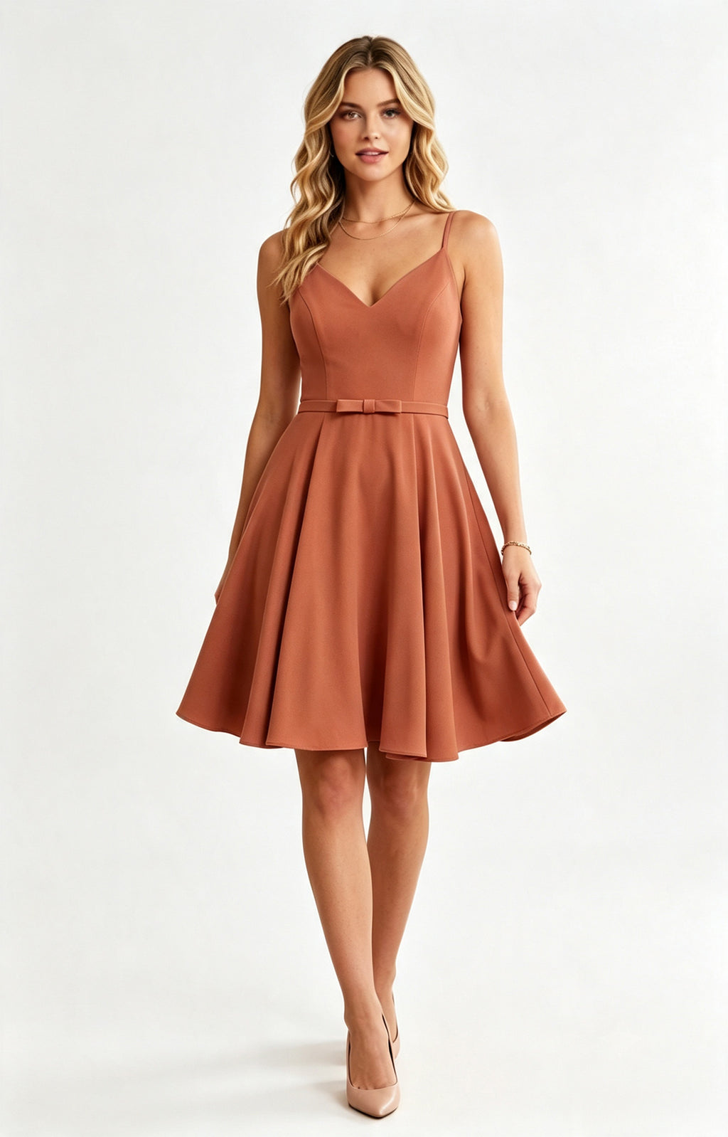 XALPHEOR Terracotta Spaghetti Strap V Neck Knee Length A‑Line Bridesmaid Dress with Bow Sash, Formal Short Cocktail Party Dress for Women Front View