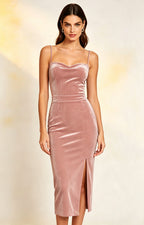 XALPHEOR Women's Velvet Midi Slip Dress Spaghetti Strap Open Back Side Slit Formal Cocktail Bridesmaid Evening Dress Blush Pink  Front View