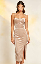 XALPHEOR Women's Velvet Midi Slip Dress Spaghetti Strap Open Back Side Slit Formal Cocktail Bridesmaid Evening Dress Champagne  Front View