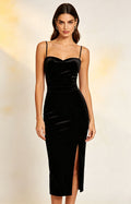 XALPHEOR Women's Velvet Midi Slip Dress Spaghetti Strap Open Back Side Slit Formal Cocktail Bridesmaid Evening Dress Front View
