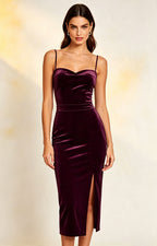 XALPHEOR Women's Velvet Midi Slip Dress Spaghetti Strap Open Back Side Slit Formal Cocktail Bridesmaid Evening Dress Plum  Front View