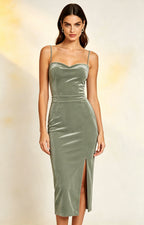 XALPHEOR Women's Velvet Midi Slip Dress Spaghetti Strap Open Back Side Slit Formal Cocktail Bridesmaid Evening Dress Sage Green Front View