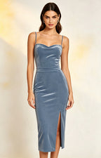 XALPHEOR Women's Velvet Midi Slip Dress Spaghetti Strap Open Back Side Slit Formal Cocktail Bridesmaid Evening Dress Sky Blue Front View