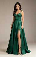 XALPHEOR satin corset Emerald Green  prom dress sweetheart spaghetti strap A‑line long evening gown with slit Front View