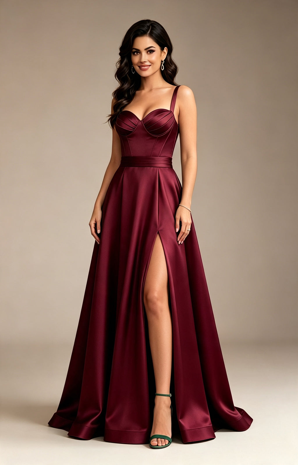 XALPHEOR satin corset burgundy prom dress sweetheart spaghetti strap A‑line long evening gown with slit Front View