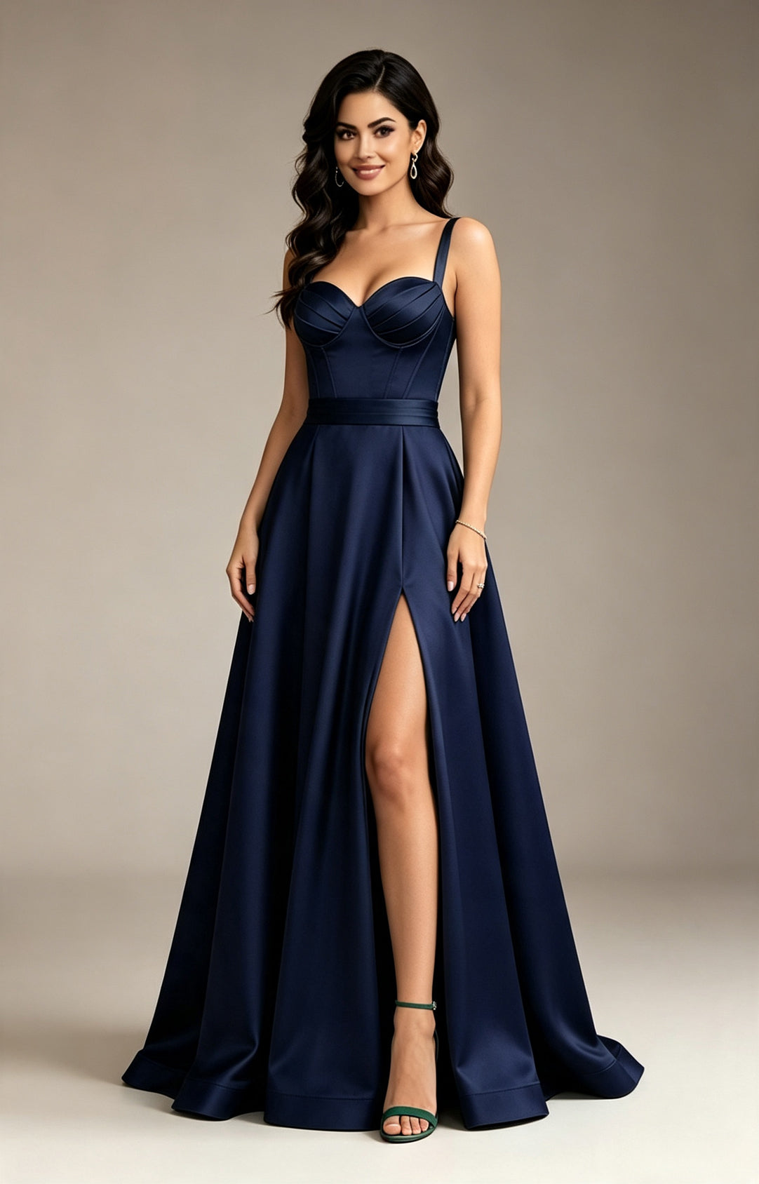 XALPHEOR satin corset midnight navy prom dress sweetheart spaghetti strap A‑line long evening gown with slit Front View