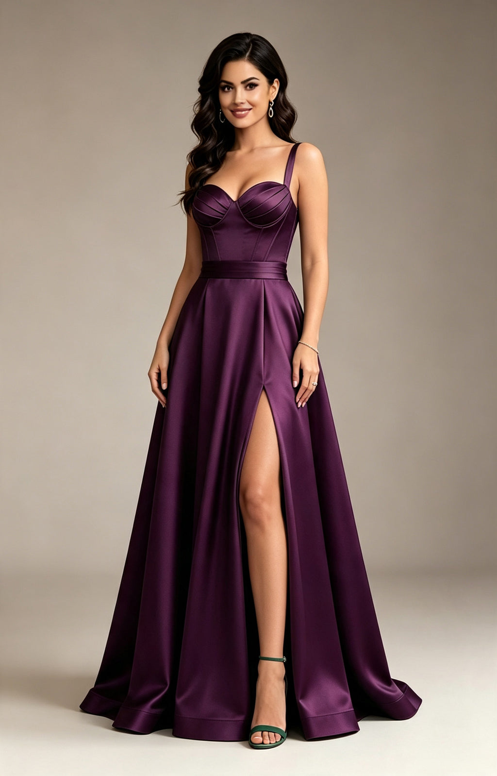 XALPHEOR satin corset plum prom dress sweetheart spaghetti strap A‑line long evening gown with slit Front View