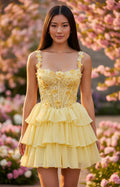 Yellow 3D floral applique corset tiered ruffle mini homecoming dress