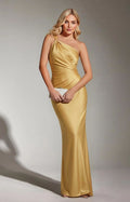 Yellow One‑Shoulder Twist Knot Satin Mermaid Formal Gown Front View