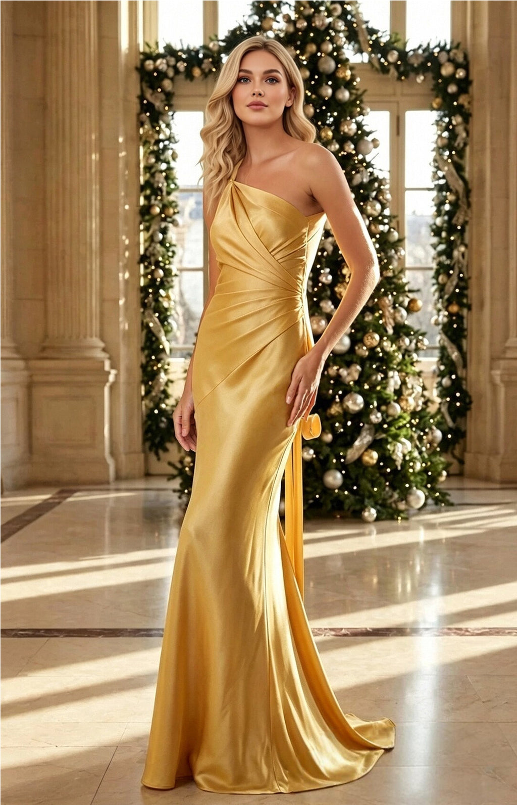 Yellow One‑Shoulder Twist Knot Satin Mermaid Formal Gown  Side View