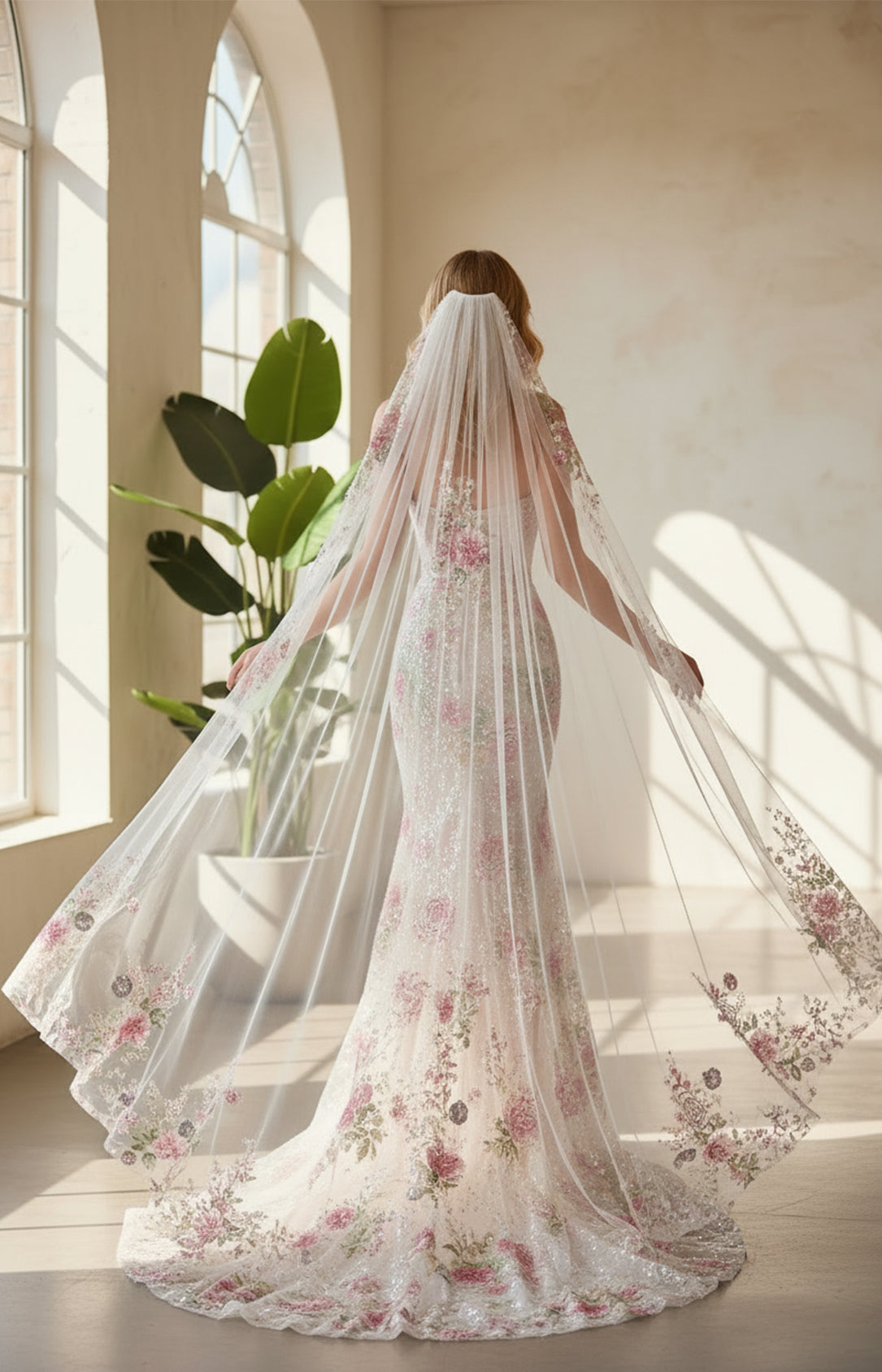 Ivory Pink Floral Beaded Tulle Mermaid Cape Prom Dress Back