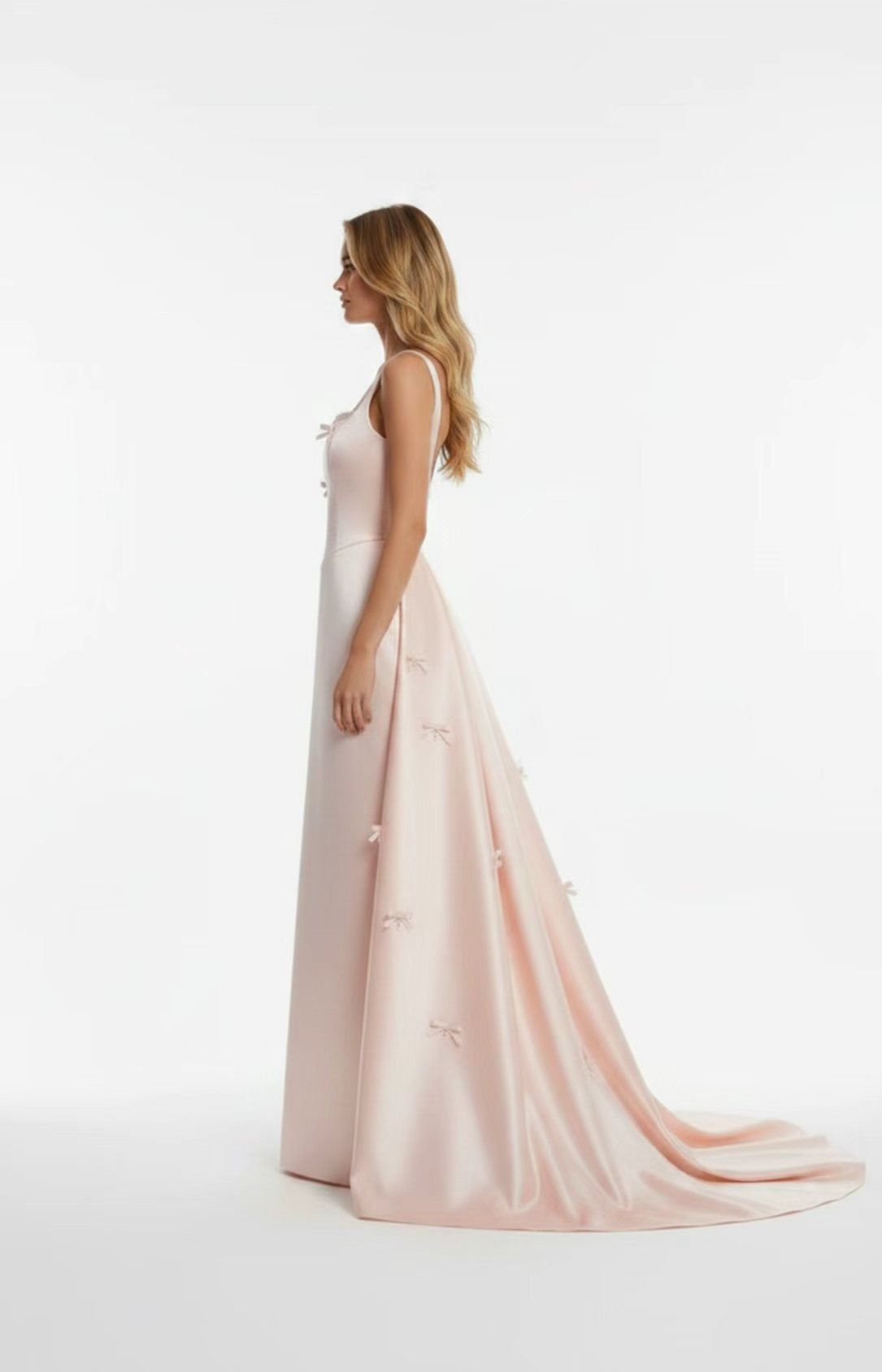 Blush Pink Heavy Satin Wide Strap Formal Maxi Gown Detachable Overskirt Side View