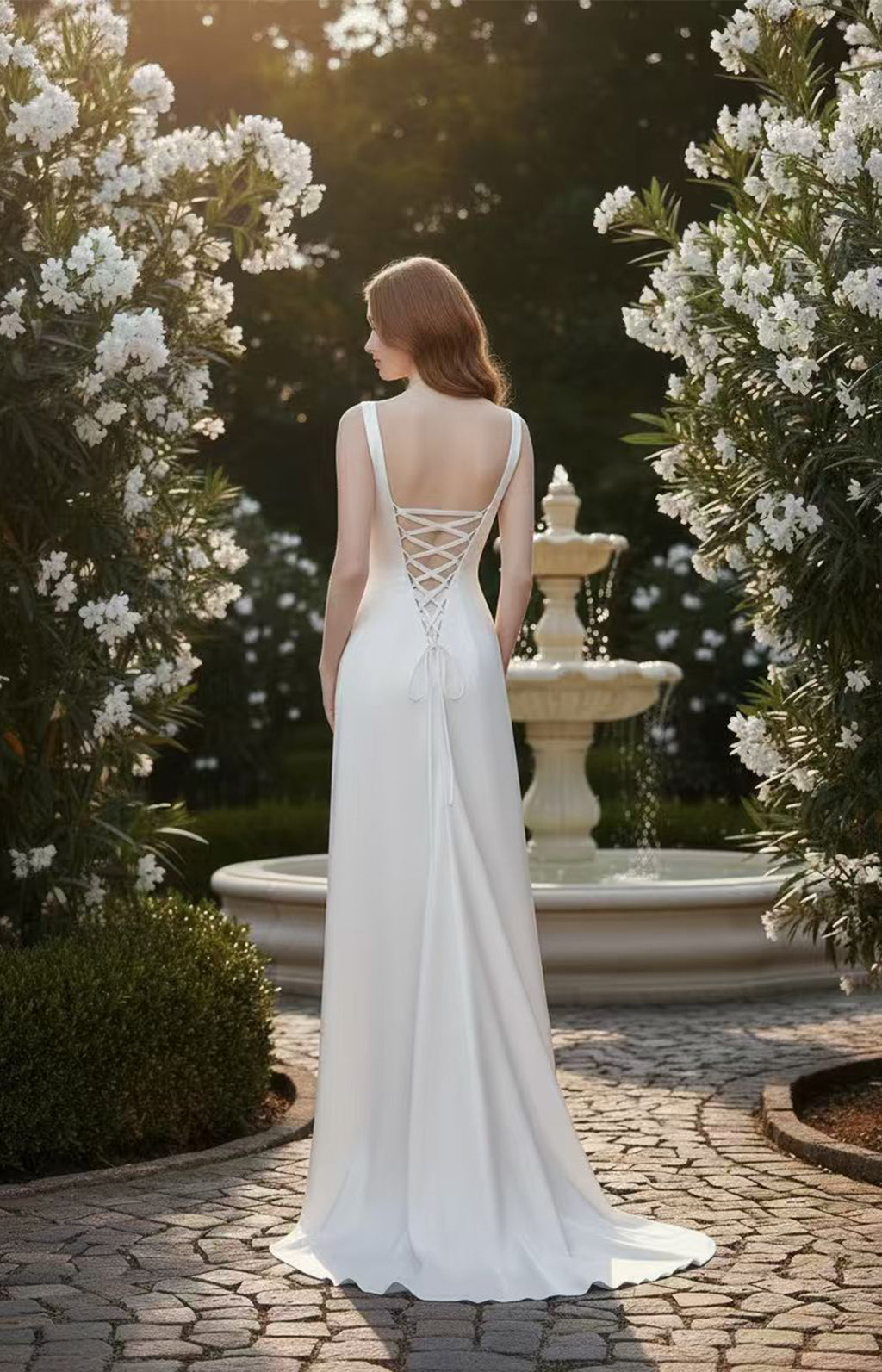 Lace-up corset back detail of white satin evening gown US