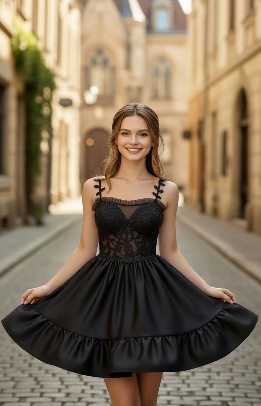 Black embroidered satin mini dress with tie bow straps and ruffle hem – front view | Xalpheor
