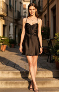 black satin dress cafe terrace show
