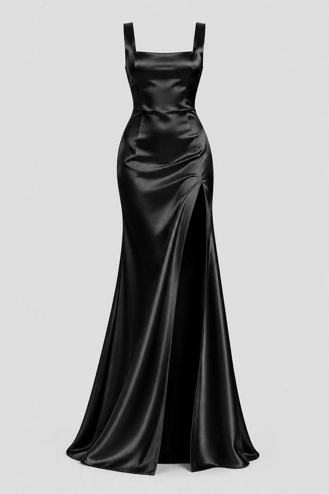 black satin square neck mermaid evening dress with high slit, front view