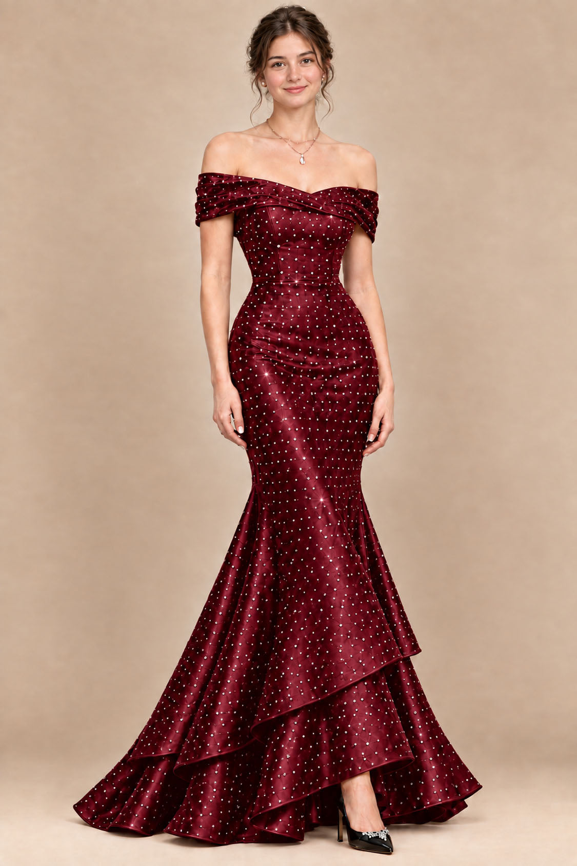 Burgundy satin rhinestone off-the-shoulder mermaid prom dress, front view