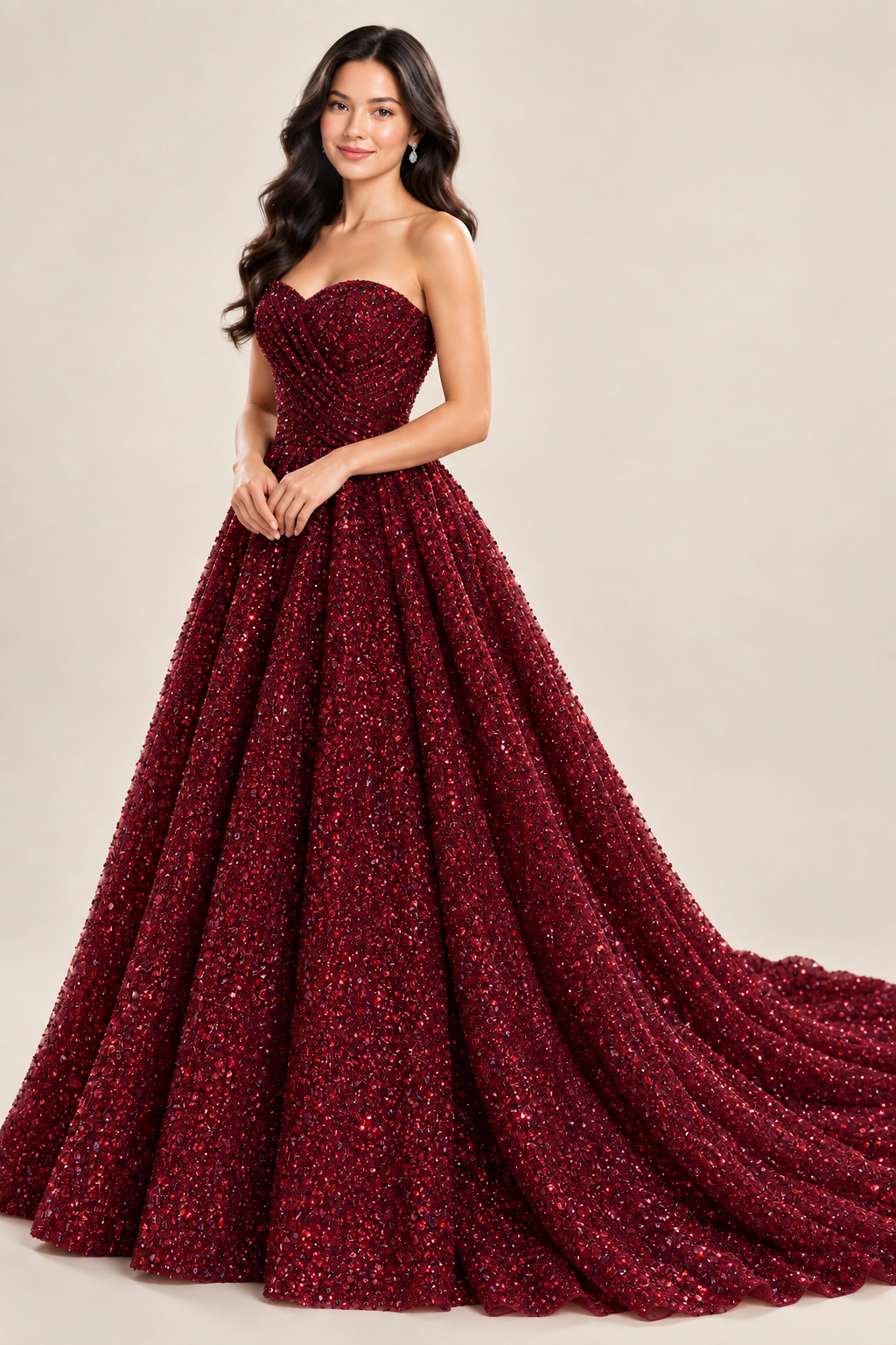 burgundy royal blue glitter tulle strapless sweetheart ball gown prom dress with draped bodice and chapel train, front view