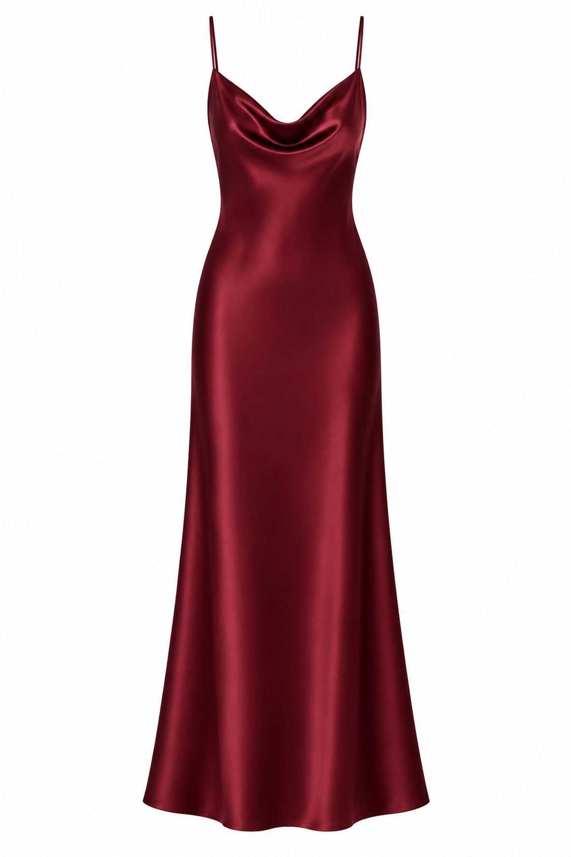 burgundy Satin Cowl Neck Mermaid Midi Dress – Front View