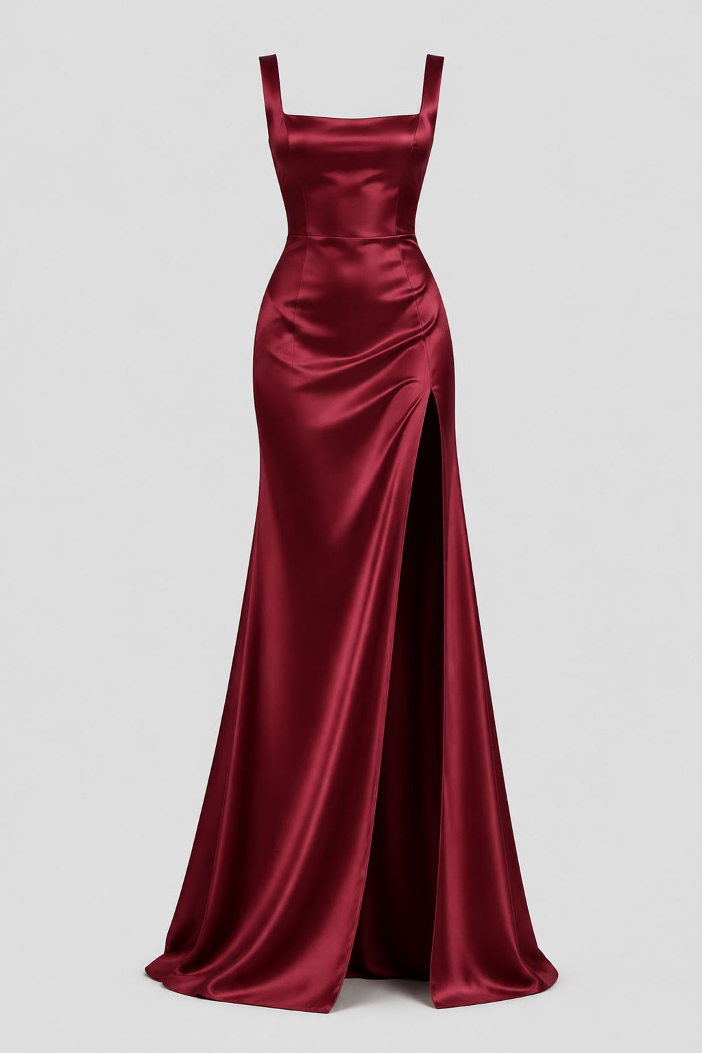 burgundy satin square neck mermaid evening dress with high slit, front view