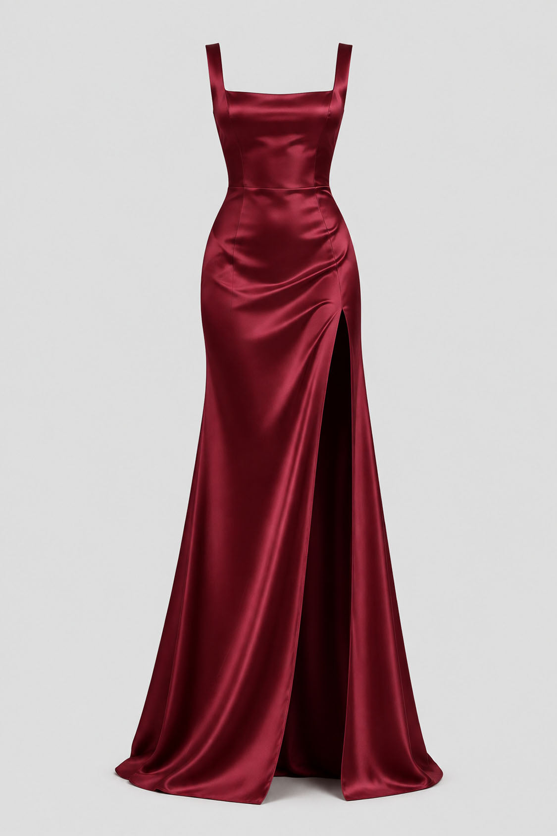 burgundy satin square neck mermaid evening dress with high slit, front view