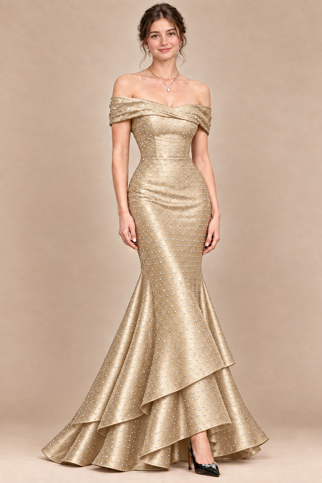 Champagne gold satin rhinestone off-the-shoulder mermaid prom dress, front view