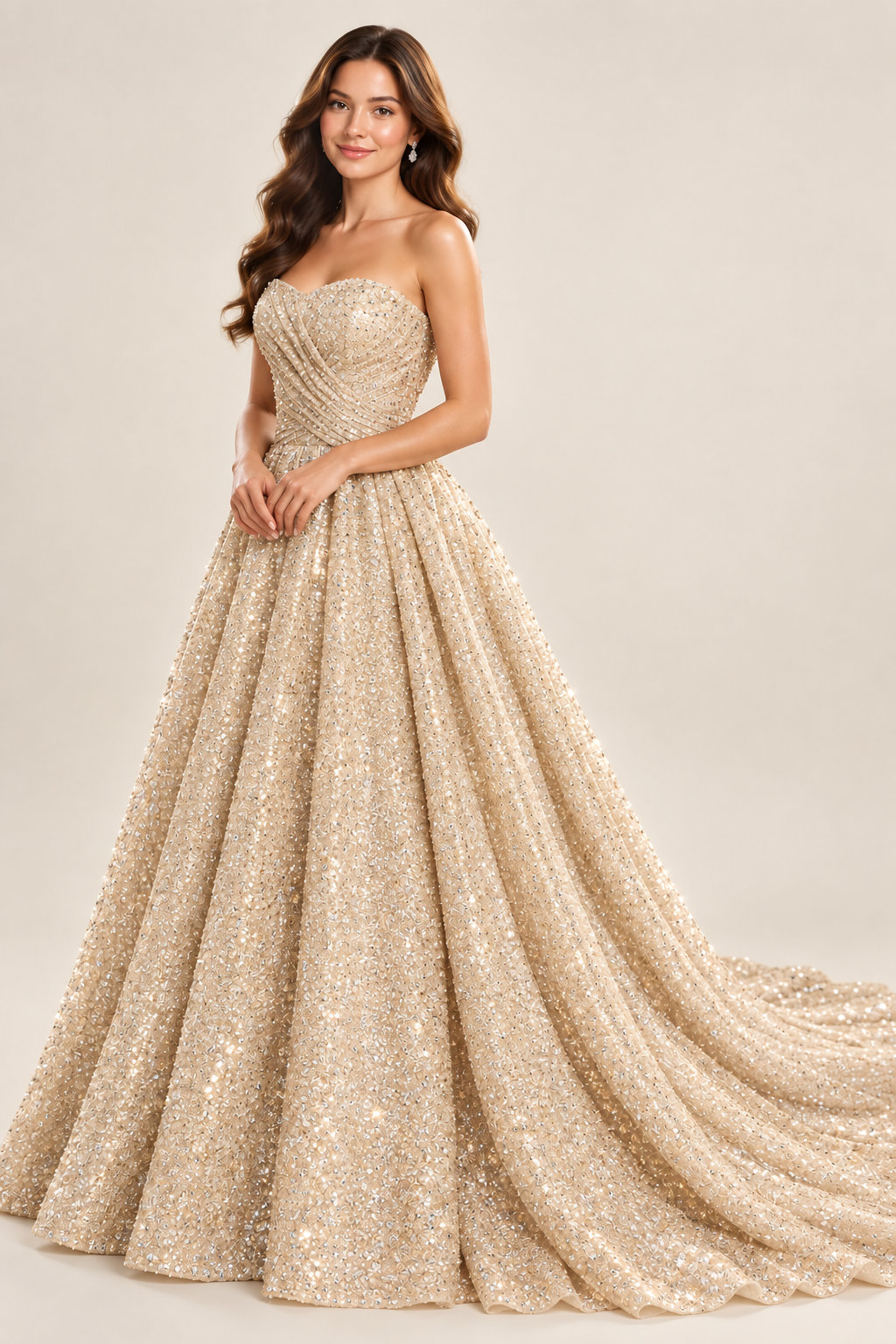 champagne royal blue glitter tulle strapless sweetheart ball gown prom dress with draped bodice and chapel train, front view