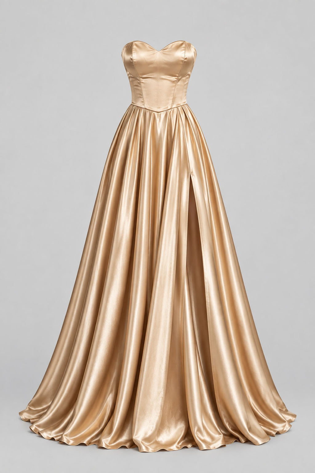 champagne satin sweetheart A-line prom dress front view with slit