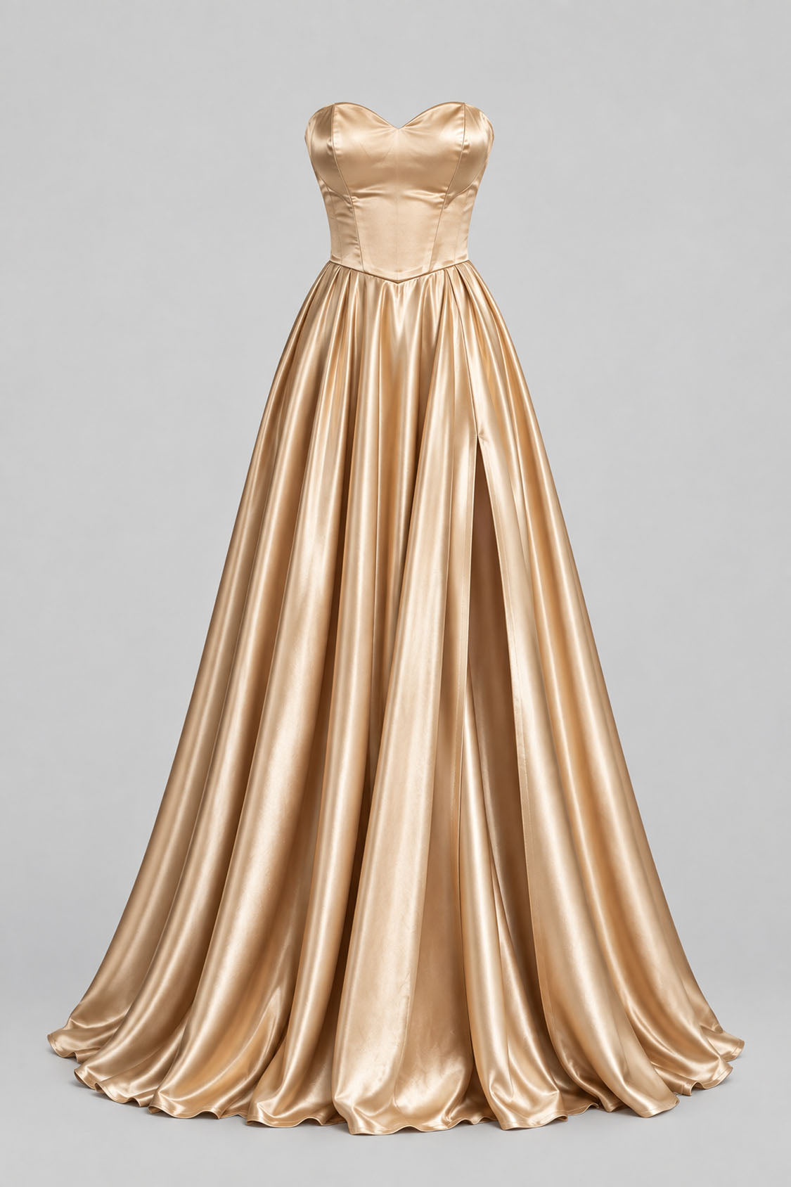champagne satin sweetheart A-line prom dress front view with slit