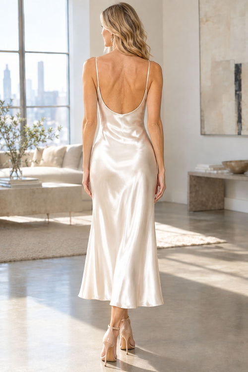 Champagne Satin Low-Back Mermaid Midi Dress – Back View