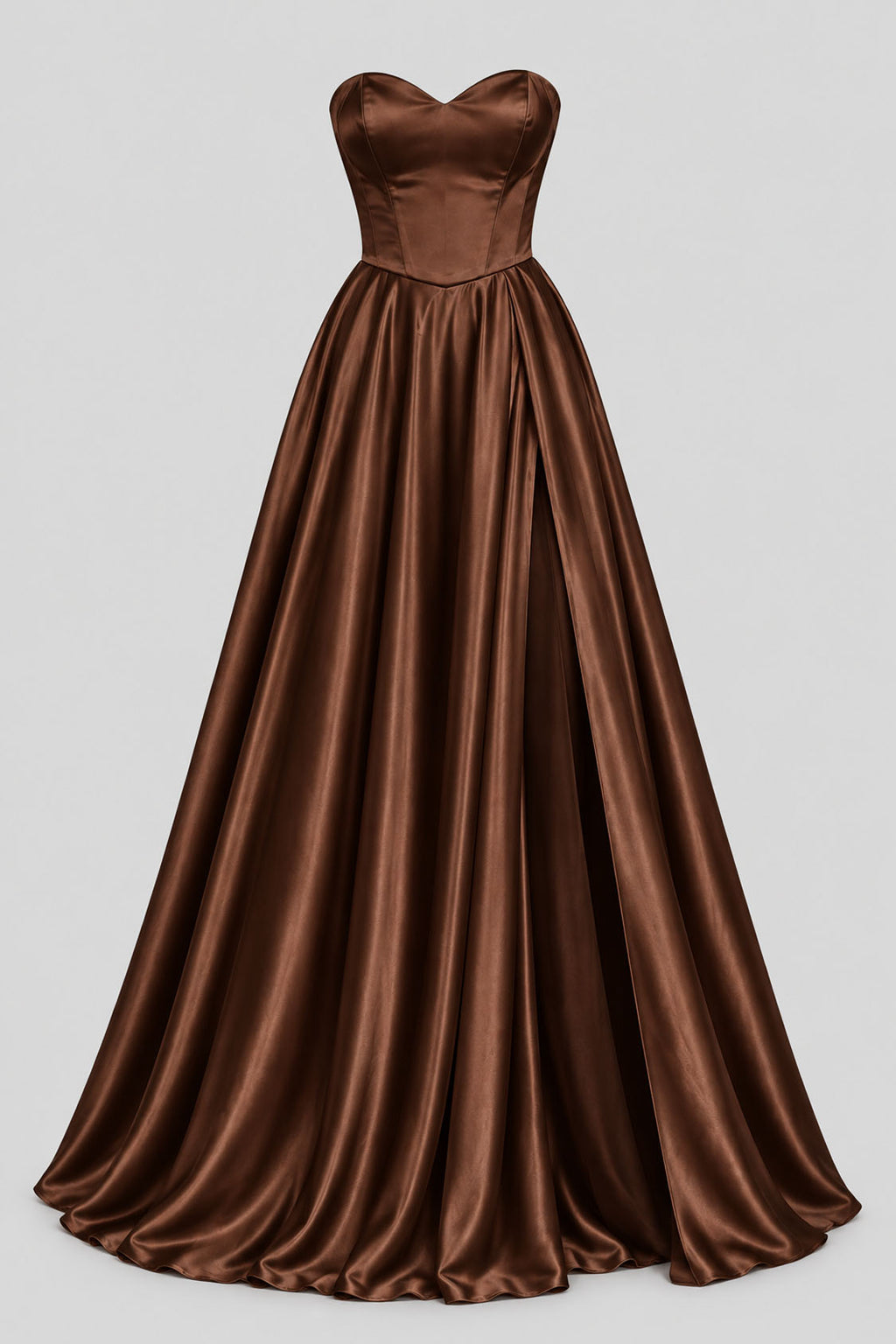 chocolate satin sweetheart A-line prom dress front view with slit