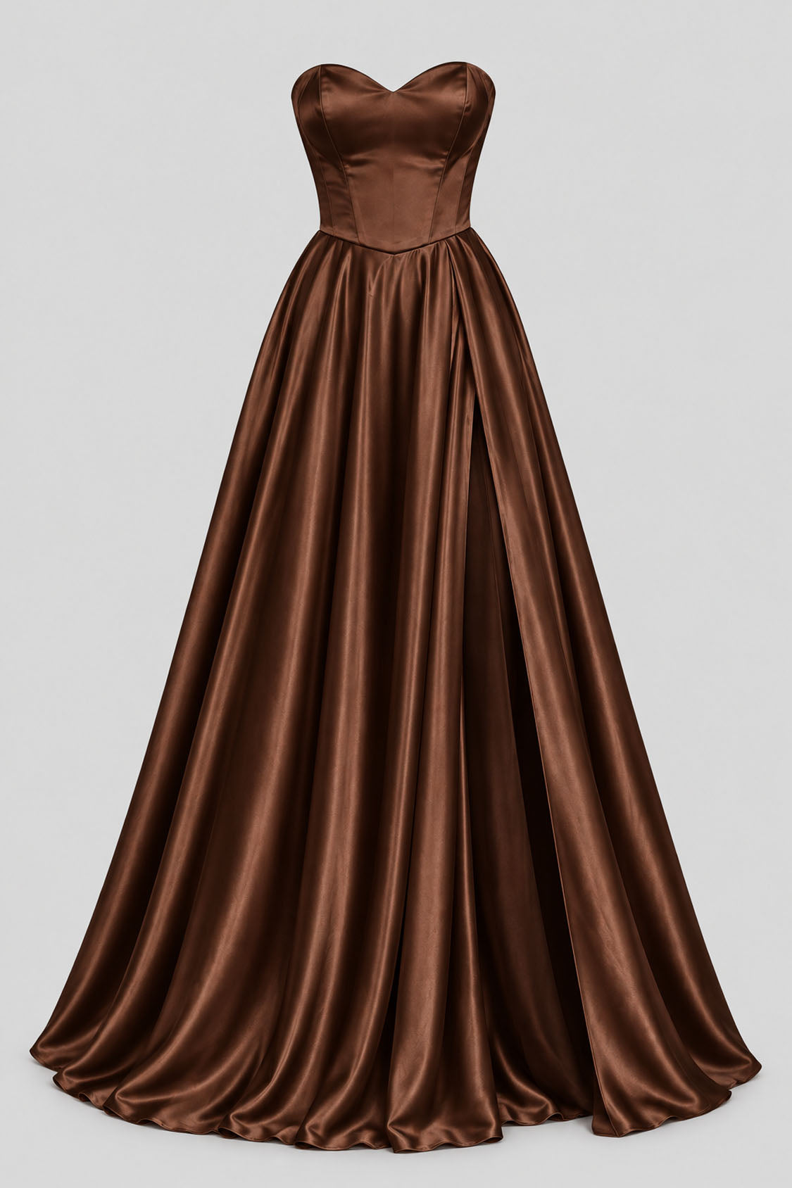 chocolate satin sweetheart A-line prom dress front view with slit