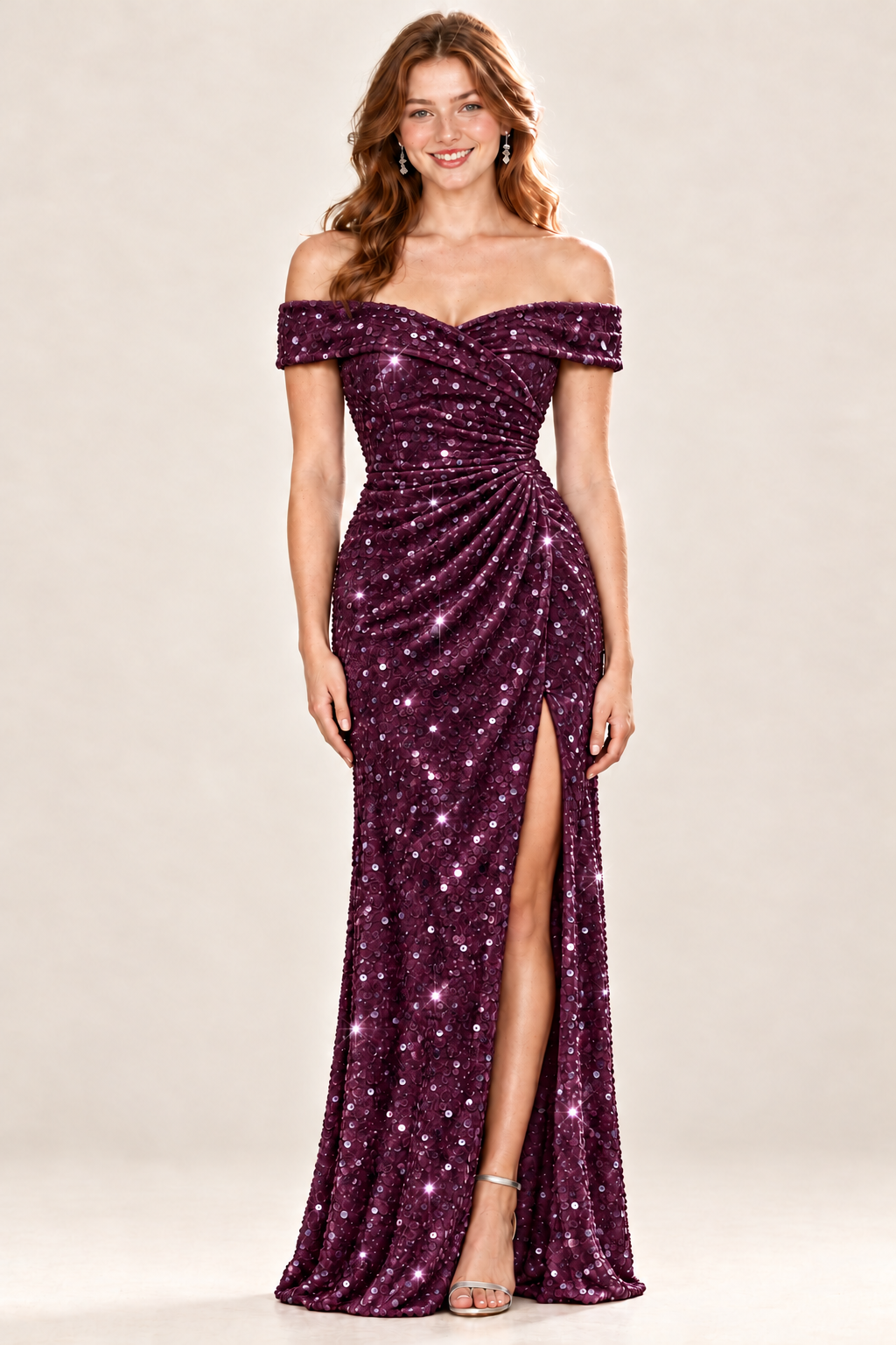 Deep plum purple off-the-shoulder sequin ruched mermaid evening gown with slit by XALPHEOR
