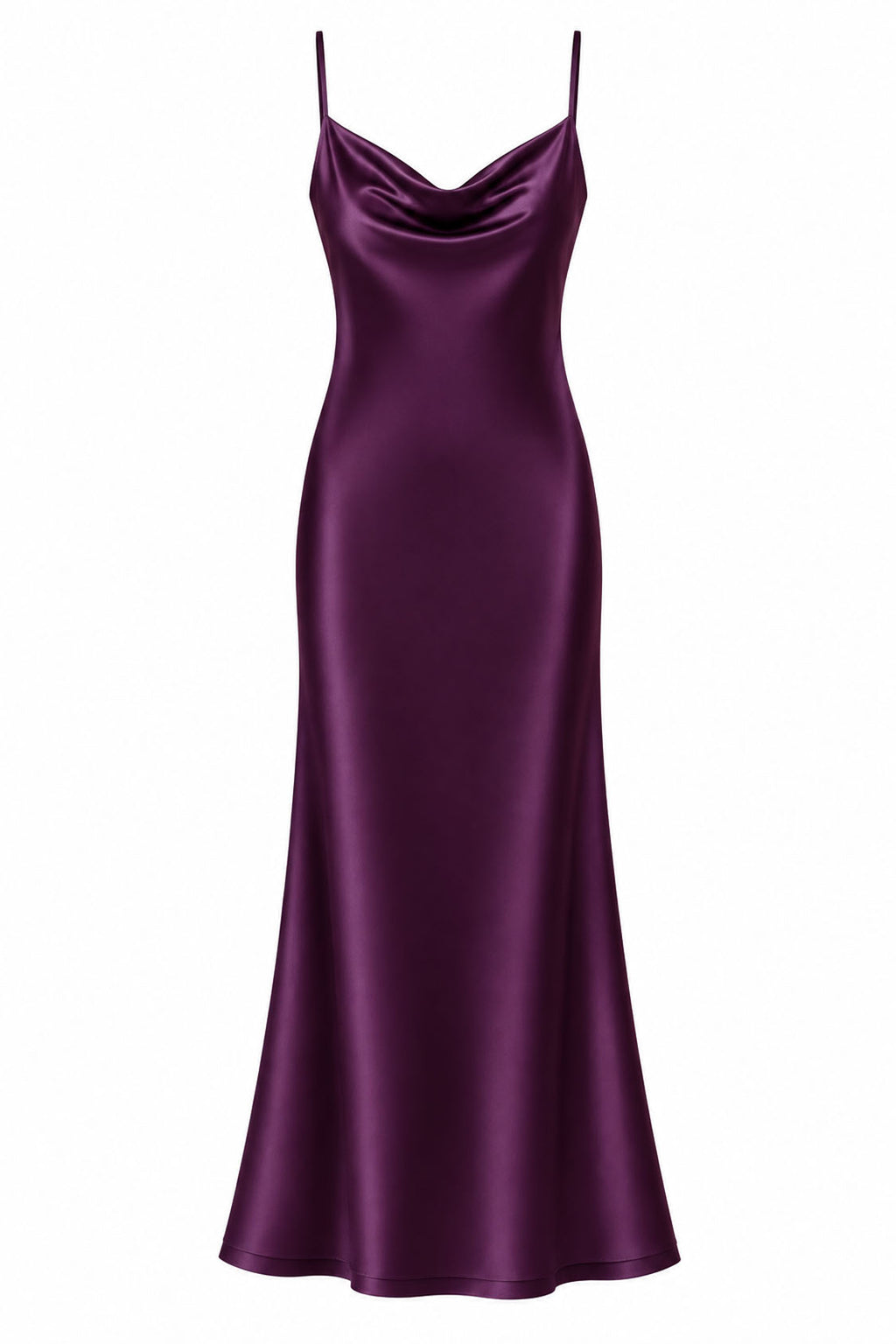 plum Satin Cowl Neck Mermaid Midi Dress – Front View