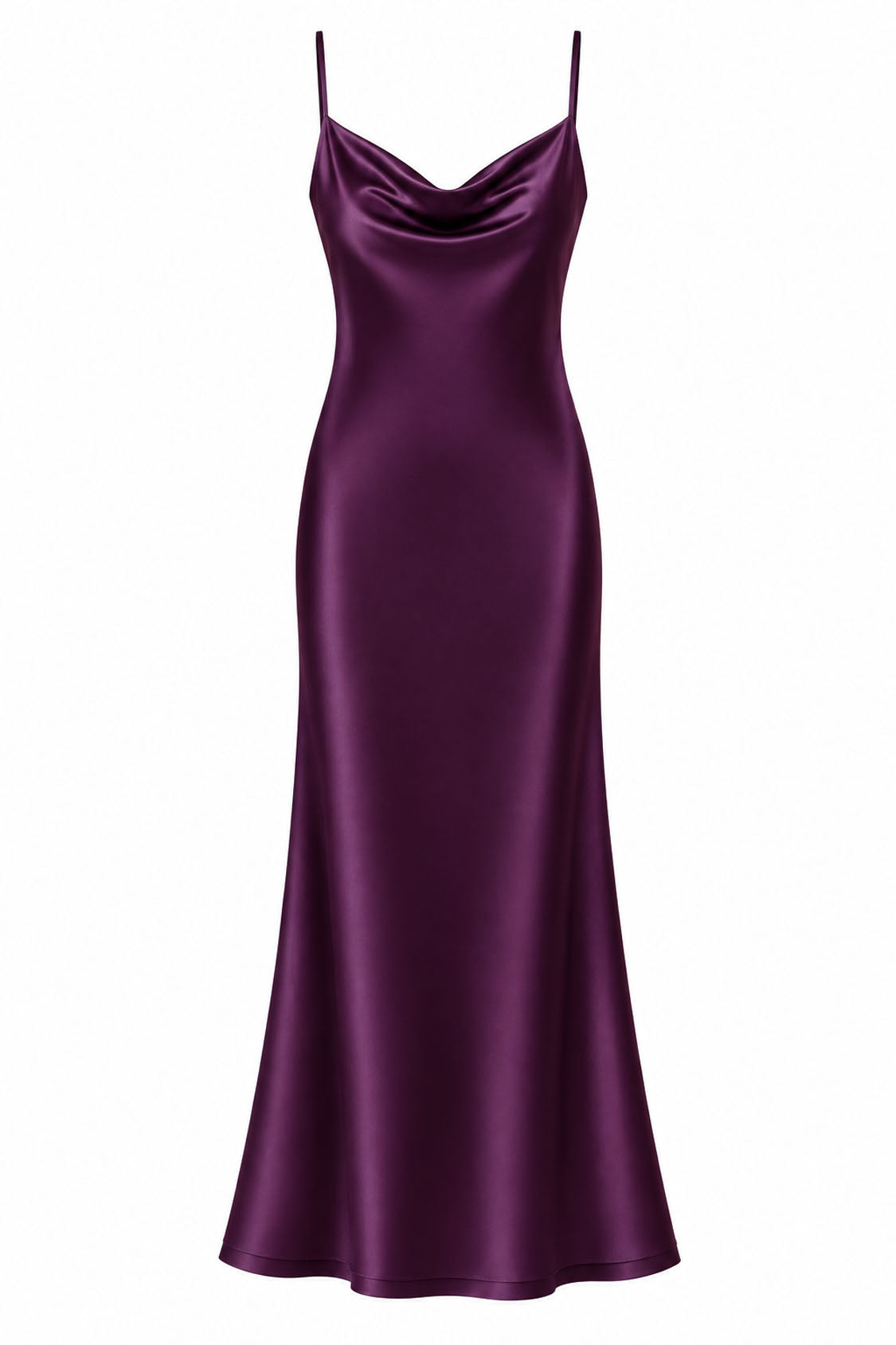 plum Satin Cowl Neck Mermaid Midi Dress – Front View