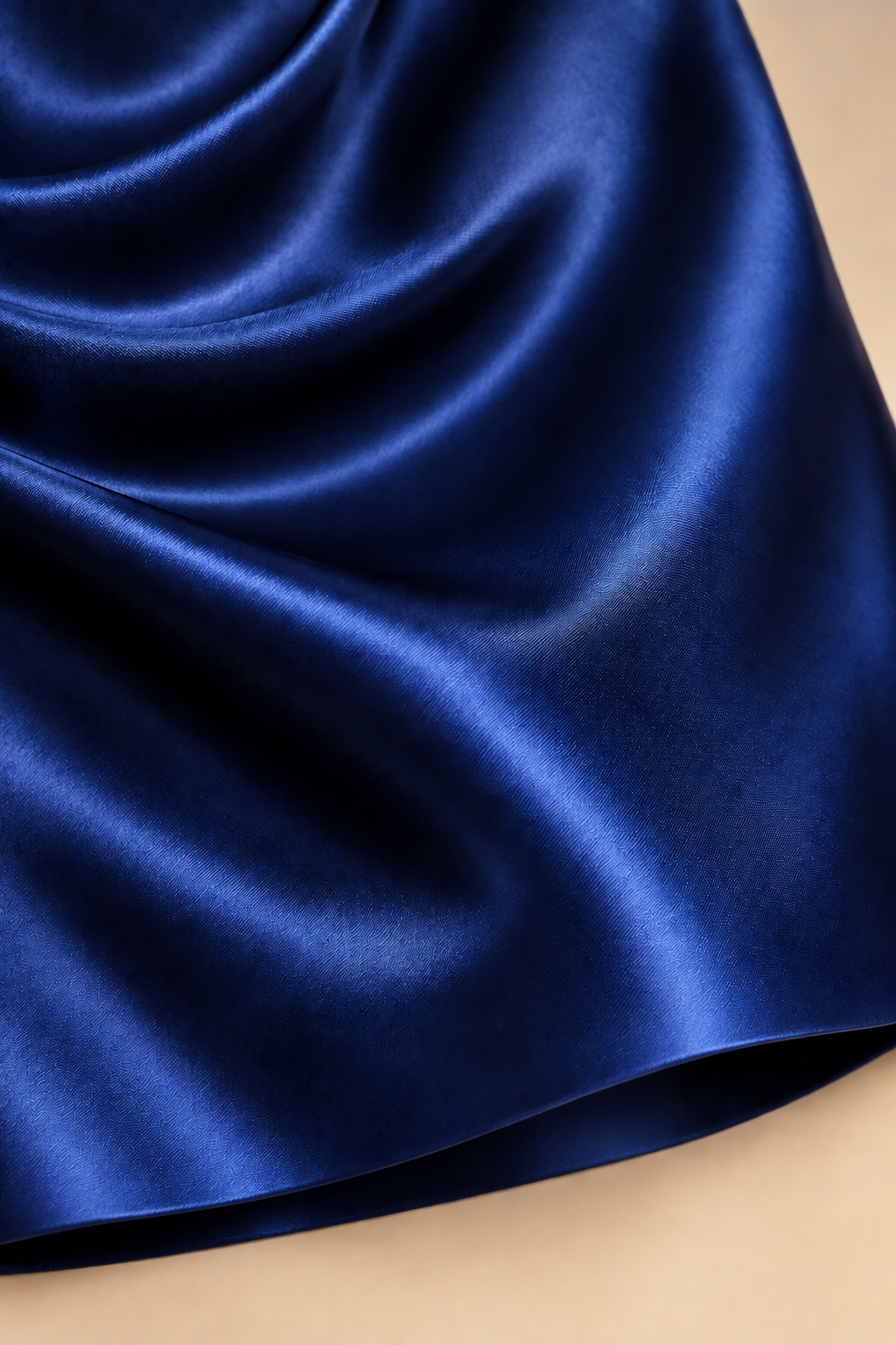 Navy satin fabric closeup for cowl neck sheath mini homecoming dress
